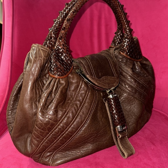 Fendi brown leather spy bag shoulder satchel hobo purse zucca liner - Picture 2 of 16